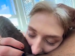 Big tit blonde gives blowjob to big cock